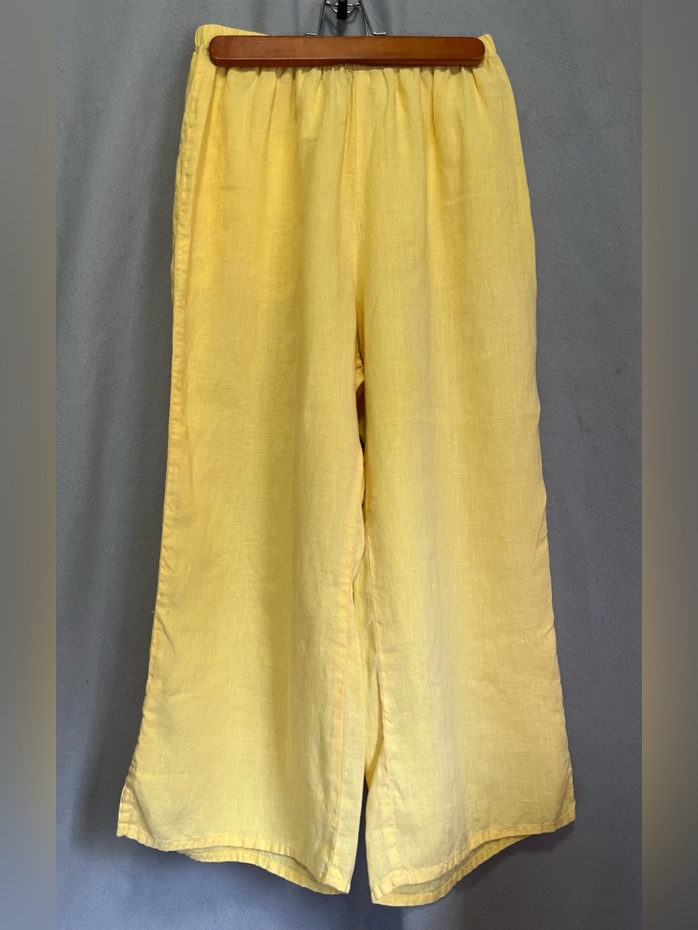 FLAX flood 100% Linen Wide Leg Cropped Pants Yellow Petite P Elastic Waist Boho